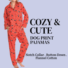 Women  s Dog Print Pajama Set Cotton Flannel Shirt  Pants Loungewear Sleepwear