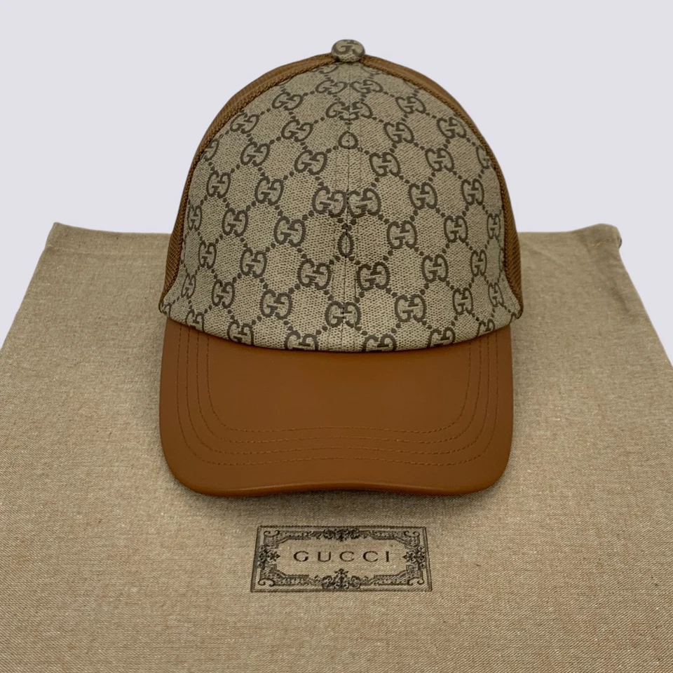 Gucci GG Monogram Canvas & Leather Mesh Back Baseball Cap Beige & Brown Size M - Image 4 of 4