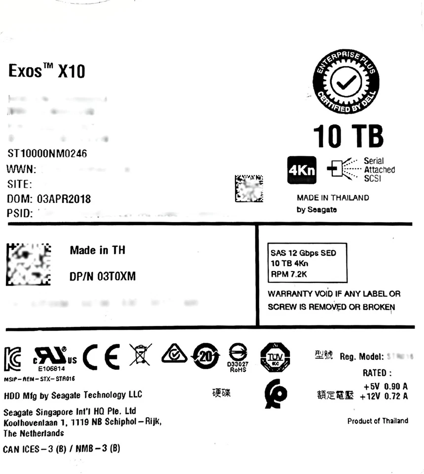 Dell 3T0XM-CML 10TB 7.2K SAS 3.5 12K 4K SED ST10000NM0246 / 2AA222-257 - Image 2 of 4