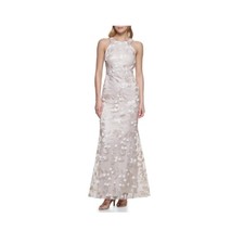 Eliza J Taupe Cream 3D Flower Sheer Overlay Halter Top Bohemian Maxi Dress 10