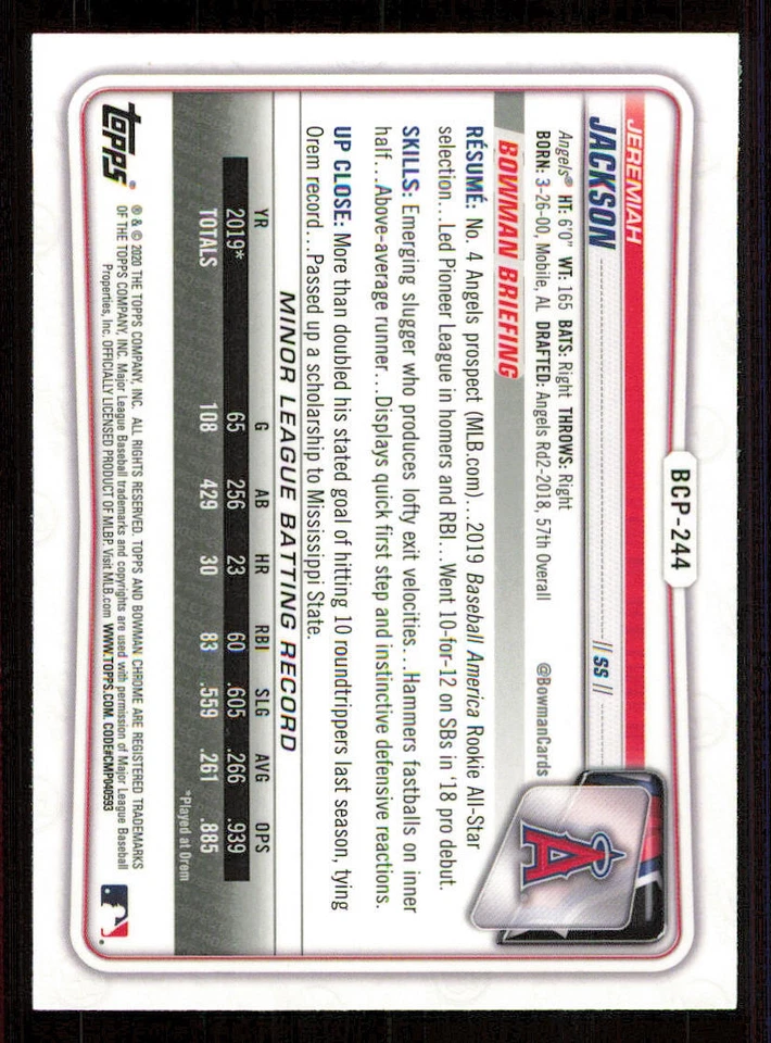 2020 Bowman Chrome Mega Box Prospects Refractors #BCP244 Jeremiah Jackson - Image 2 of 2