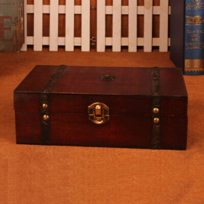Vintage Wood Treasure Chest Wooden Jewellery Storage Box Case