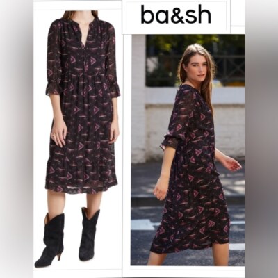 BA&SH CARBONE XS CALLIOPE Geo Print Silky Viscose CREPE Lined Midi Dress Size 0