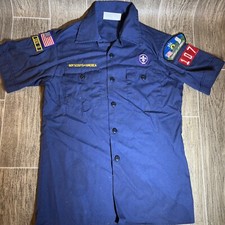 Boy Scout Uniform Shirt Youth Large Blue Patches Button-Front Flag Official