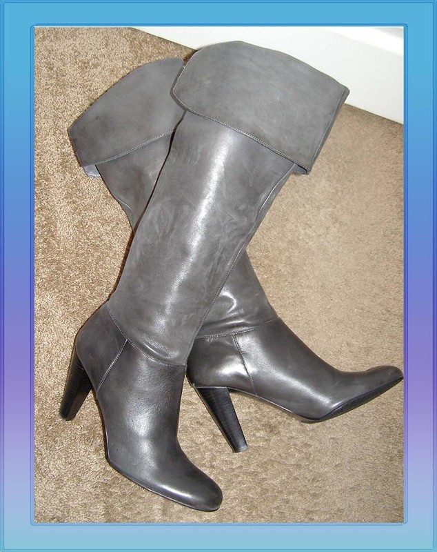 EUC Over the Knee Calvin Klein sz 9 Gray Leather Boots Pull On Cuffed Knee high