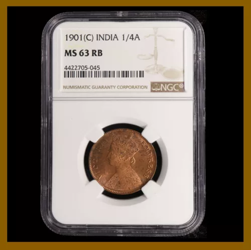 British India 1/4 (Quarter) Anna, 1901 (C) Calcutta NGC MS 63 RB Queen Victoria