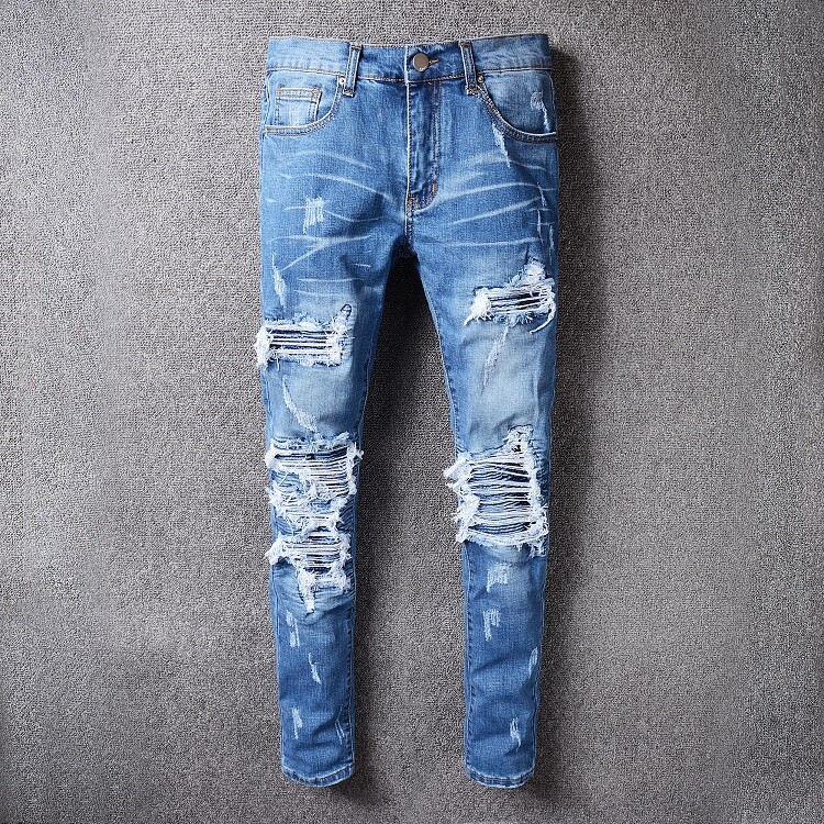 Mens Retro Ripped Slim Pleated Denim Jeans Classic Motorcycle Style Blue  Stretch