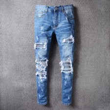 Mens Retro Ripped Slim Pleated Denim Jeans Classic Motorcycle Style Blue Stretch