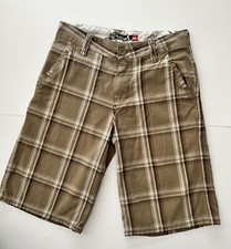 Quicksilver Boy Brown Beige Olive Plaid Skateboard Chino Shorts Size 26 EUC