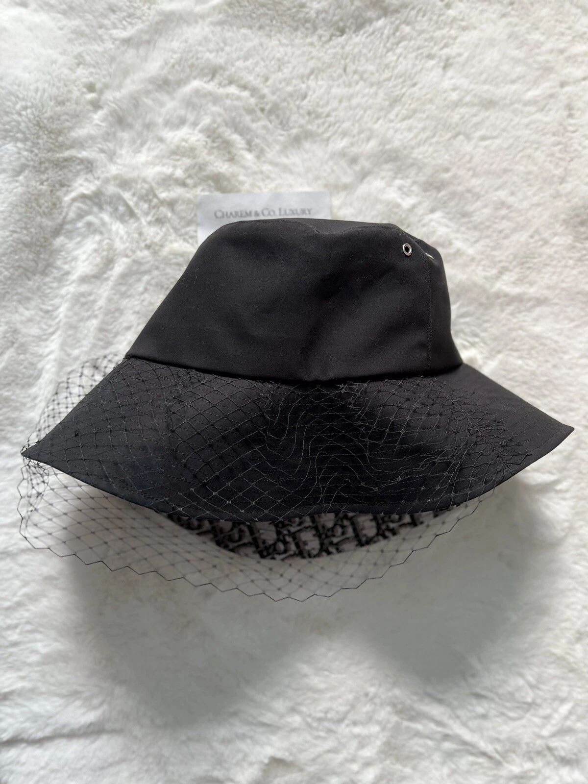 Neuf avec étiquettes ! DIOR Sun Bucket bord logo voile noir blanc taille 57 cm chapeau femme