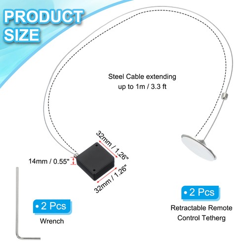2 Pcs Square Retractable Remote Control Tether 3.3 Ft, Black(Round Iron Cap) - Afbeelding 2 van 6