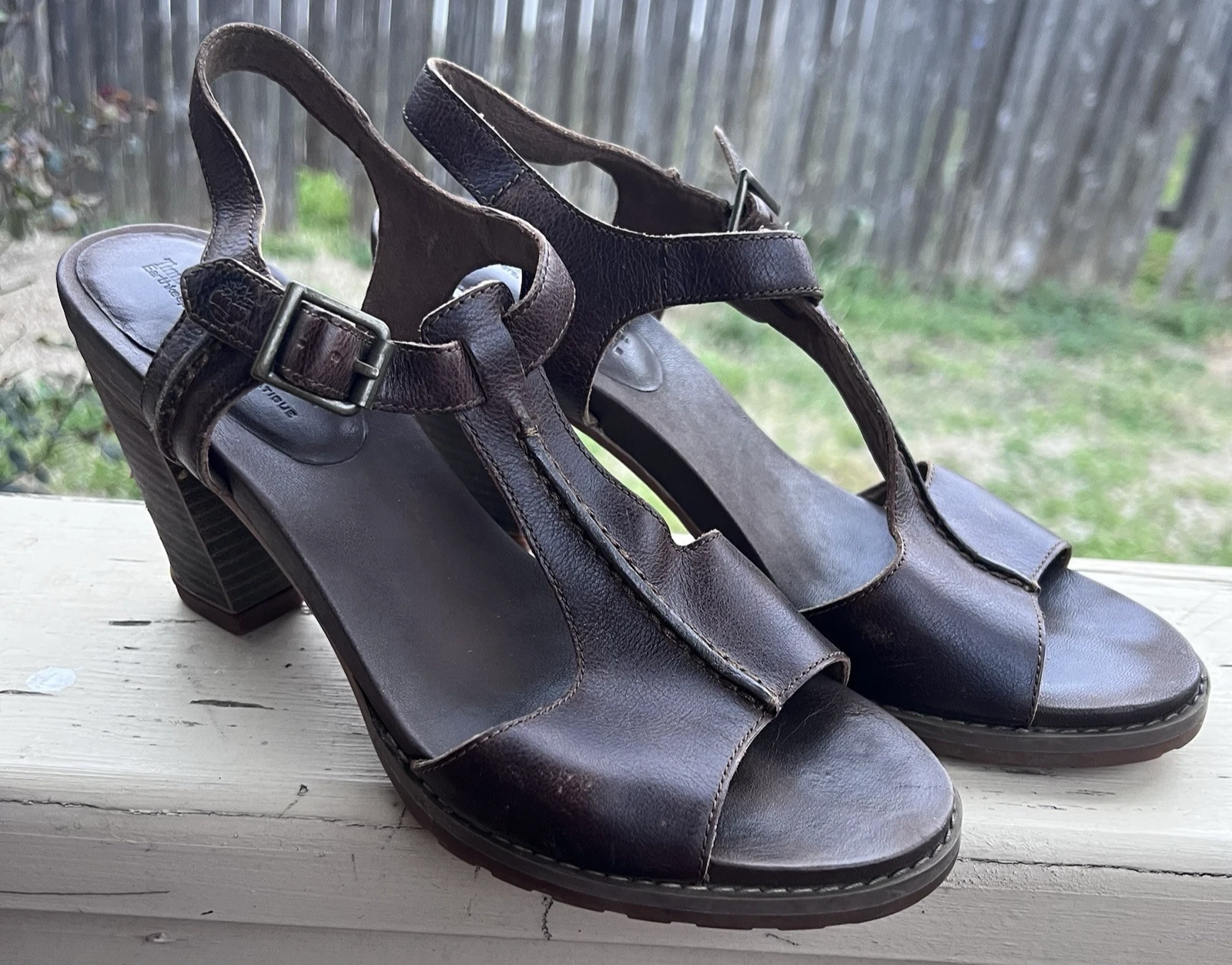 TIMBERLAND Sandali donna marroni invecchiati pelle tacco grosso cinturino alla caviglia 8