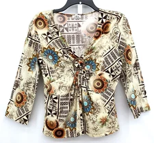 CDW Creative Design Works Shirt Womens Large Beige Floral 3/4 Sleeve Blouse