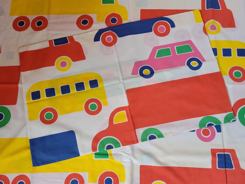 VINTAGE HOUSSE DE COUETTE + TAIE OREILLER VOITURE CAMION LIT ENFANT GARÇON  - Photo 4/4