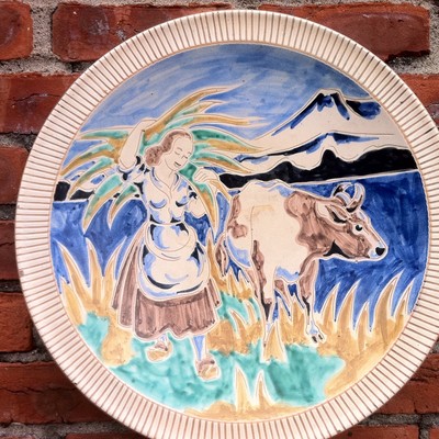 Beautiful Vintage DANISH ART DECO Style ESLAU Pottery Charger. Signed NEHLE 60