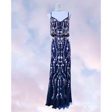 Adrianna Papell Navy Blue Blouson Floral Beaded V-Neck Formal Maxi Dress Sz 4