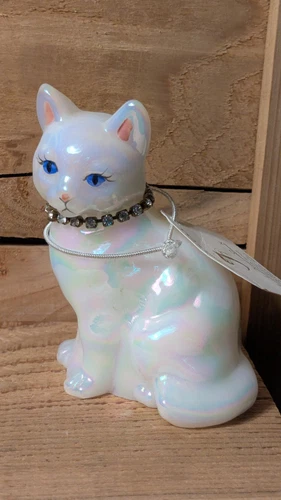 Vintage Fenton Art Glass April Birthday Cat Iridescent Figurine Signed W Tag