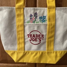 Trader Joes Mini Canvas Tote Bag Yellow Customized Floral Design w/Pockets