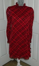 NWT Tommy Hilfiger Women's Petite 6 Red & Black Plaid Smocked Neck Chiffon Dress