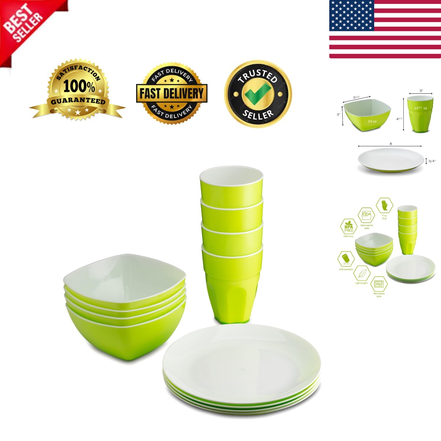Reusable Plastic Dinnerware Set 12pcs &ndash; Ideal For Kids. Fancy Hard Plastic Pl...