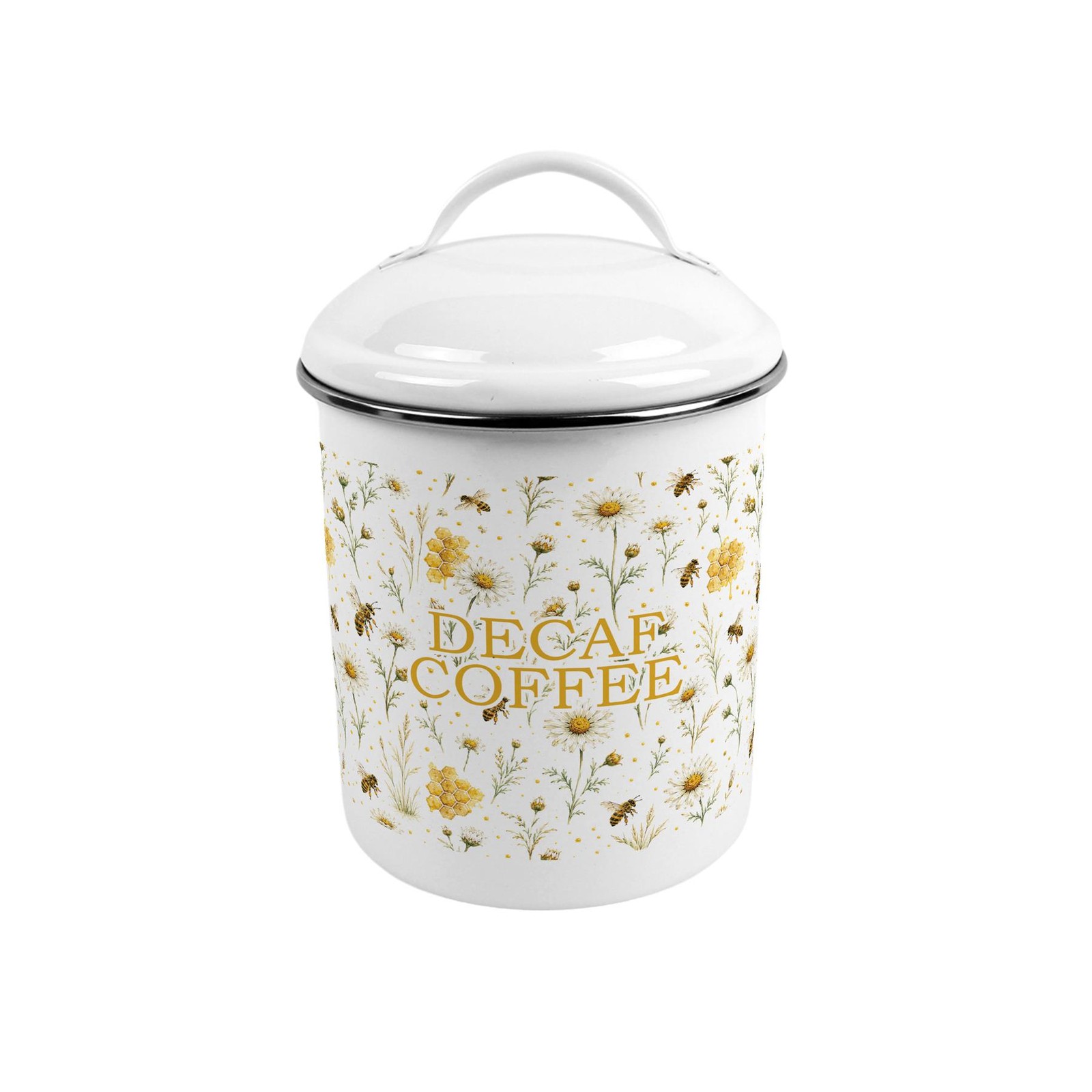Bee Meadow Decaf Coffee Canister - Medium Metal Kitchen Storage Tin with Handle