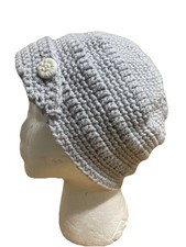 Hand Crochet Fashion BOHO Warm Cap Beanie Blue Turn Up Front w/White Buttons OS