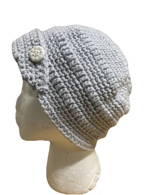 Hand Crochet Fashion BOHO Warm  Cap Beanie Blue Turn Up Front w/White Buttons OS