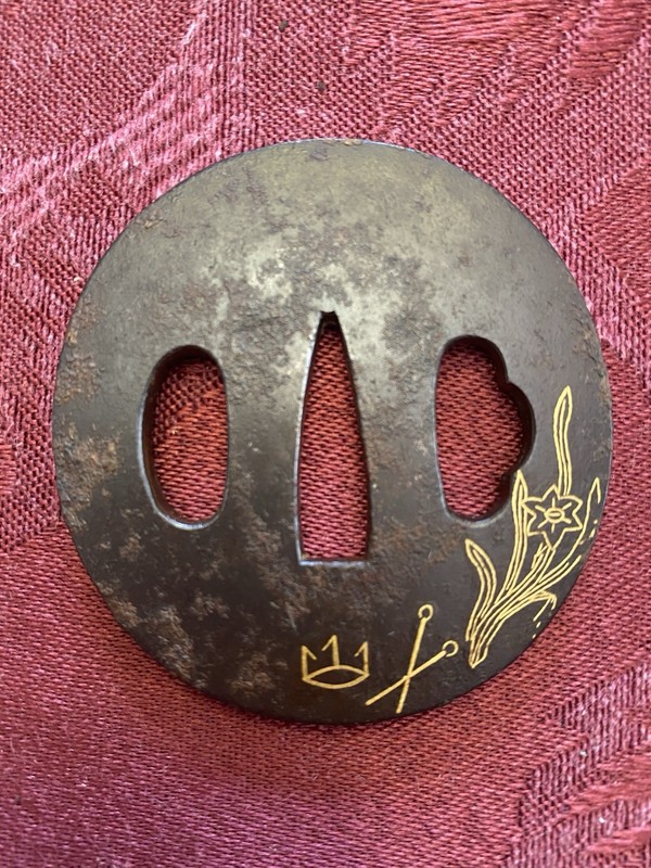 Authentic Antique Japanese Iron Gold Inlay Tsuba 5.6 x 5.3 cm Tanto