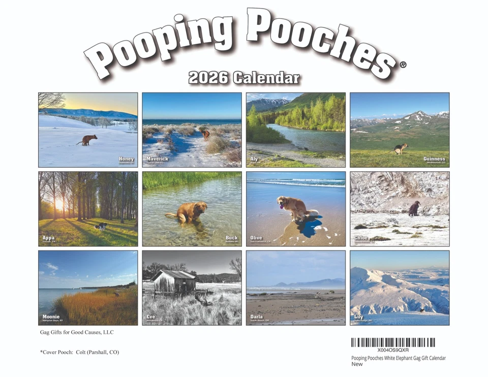 Calendario de perros 2026 Pooping Pooches, mordaza de elefante blanco intercambio de regalos intercambio de yanquis Foto 2 de 4