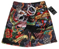 REBEL Skulls Birds Flowers Tattoo "NON DUCOR DUCO" Elastic Waist Shorts Mn's NWT