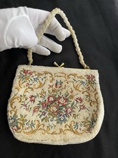 Vintage White Micro Pearl Beaded Purse Bag w/Rose Embroidery 1950s Mid-Century