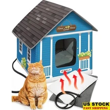 Deluxe Heated Cat House for Winter Weatherproof Insulated Outdoor Indoor Blue