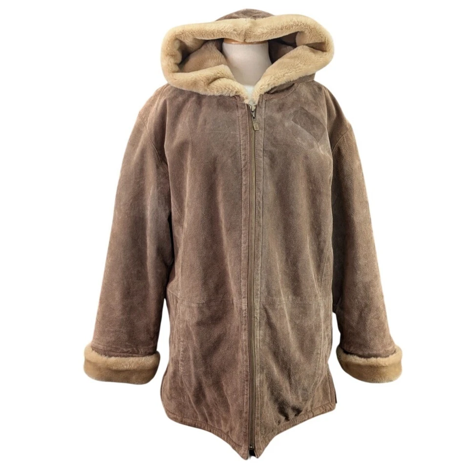 St John's Washable Suede Faux Fur Hooded Leather Coat Jacket Womens XL Beige Tan - Image 2 of 4