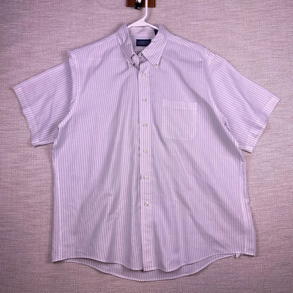Lands End Shirt 17.5 Mens S/S OCBD Gray White Bengal Stripe USA Preppy VGUC - Image 2 of 4