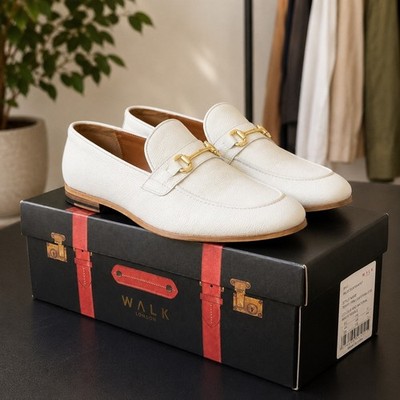 WALK London White Pebble Leather Horsebit Loafers Mens Size 10 EU44 Terry Trim