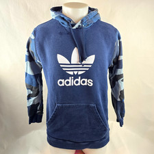 Adidas Hoodie Mens Medium Blue Camo Sleeve Trefoil Pullover Sweatshirt Sporty