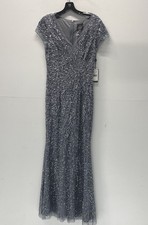 Adrianna Papell Women's Sterling Silver Beaded Mermaid Gown Sequin Sz 0 NWT