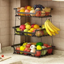 GILLAS 3 Tier Countertop Fruit Basket with 2 Banana Hangers for Kitchen