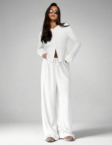 Women’s 2 Piece Lounge Set Long Sleeve Top Wide Leg Pants XS-XXL White