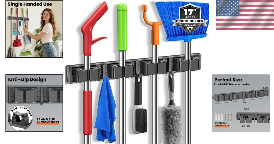 Soporte organizador de escoba de montaje en pared ganchos de almacenamiento para cocina jardín lavandería Foto 2 de 4