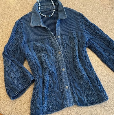 BLUE WILLI'S Denmark Blue Indigo Cotton Cable Knit/Denim Cardigan Sweater XL
