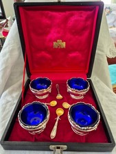 Vtg Silver tone Salt Cellars with Cobalt Blue Glass Liner with Spoons Set of 4