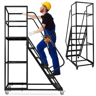 6-Step Rolling Platform Step Ladder Safety Durable Non-Slip Stairs with Wheels