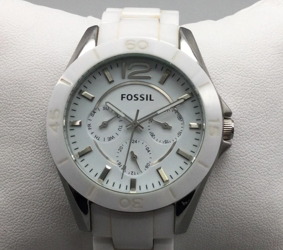 Fossil Riley Ceramic Watch Womens 37mm White Dial Day Date New Battery 6.5" - Image 2 of 4