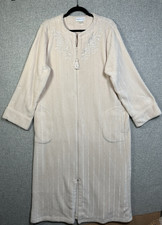 Miss Elaine Large Fleece Nightgown Robe Full Zip Beige Embroidered Midi Cozy