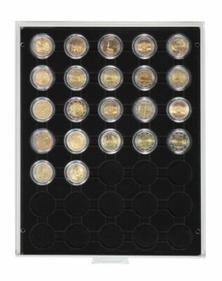 Lindner 2530C Coin Box Carbo Black 35X 32 mm 2 EURO In Coin Capsules 26