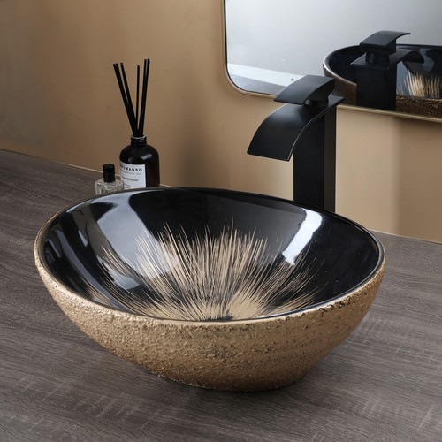 Oval Ceramic Bathroom Sink Black Waterfall Deck Mount Mixer Brass Taps Set Drain - Picture 3 of 7