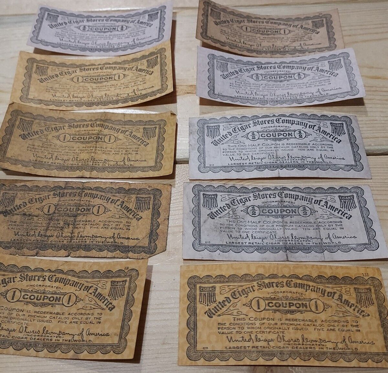 LOT OF 10 UNITED CIGAR STORES COMPANY OF AMERICA SMALL COUPONS 1/2 & 1