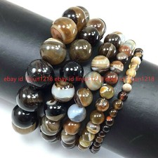 Natural 6/8/10/12mm Brown Stripe Agate Round Gemstone Beads Bracelet 7.5"