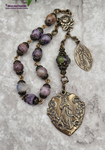 Assumption of Mary Immaculate Conception Lourdes Fluorite Charoit Bronze Chaplet - Picture 1 of 4